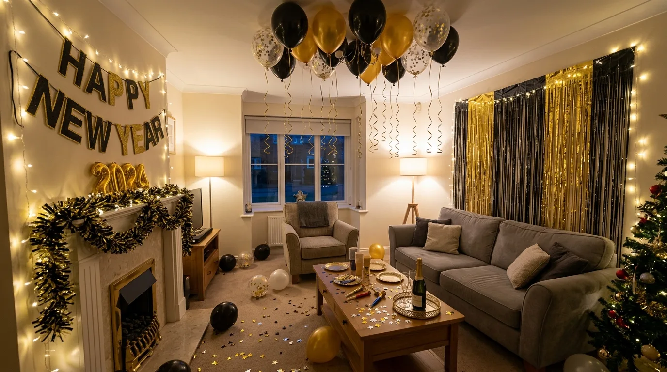 Living room with gold and black New Year's Eve decor